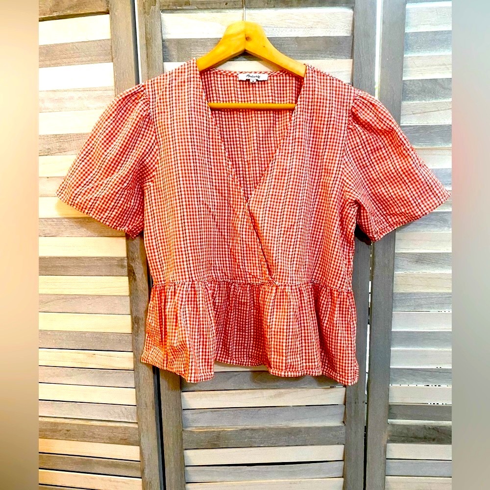 Madewell red gingham Peplum top with Puff Sleeves
